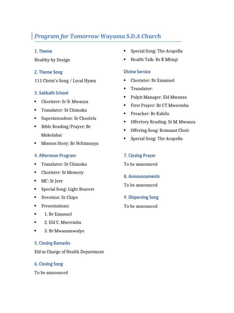 Wayama S.D.A. Church Program Overview | PDF