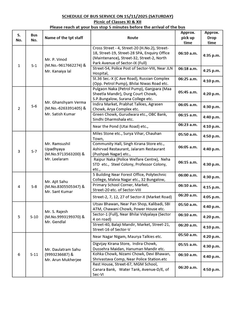 Bus Schedule for Classes XI & XII | PDF