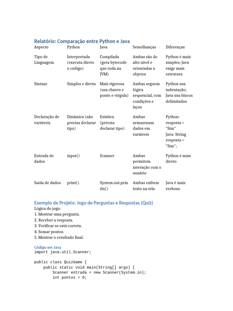 Comparacao Python Java Quiz | PDF | Python (linguagem de programação ...
