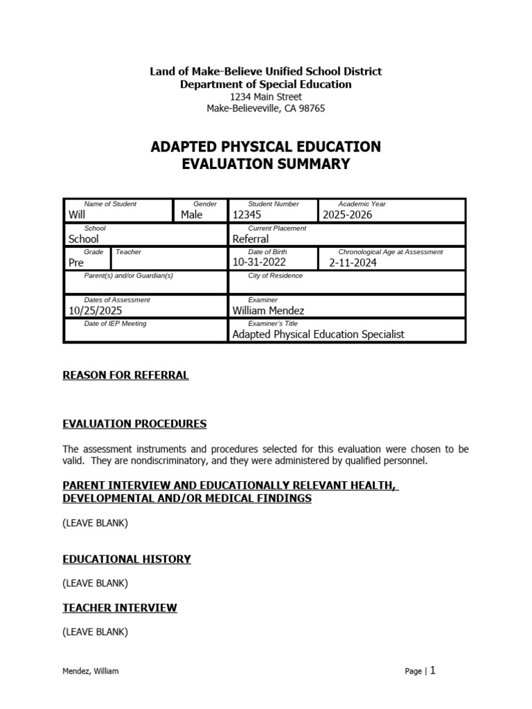 Adapted Physical Education Evaluation Summary | PDF | Individualized ...