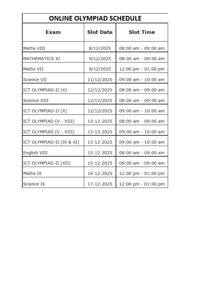 2025 Online Olympiad Exam Schedule | PDF