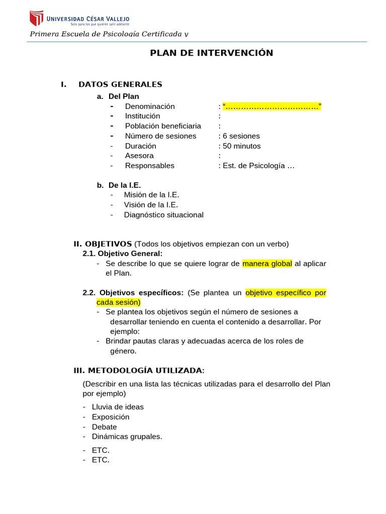 Plan de Intervención Psicológica Escolar | PDF | Ciencia cognitiva ...