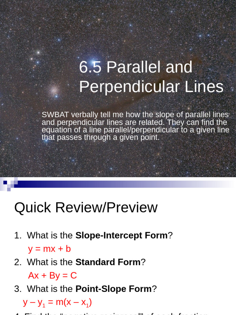 Algebra 1 Lesson 6.5 Par & Perp Lines (1) | PDF | Slope | Perpendicular