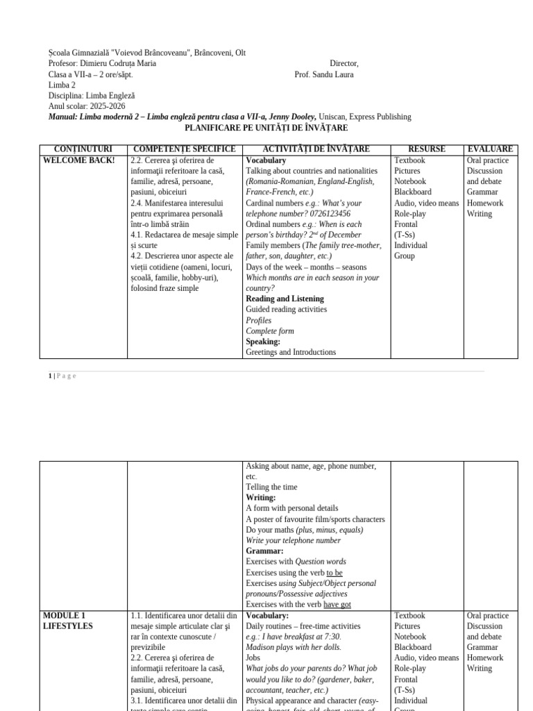 English Learning Plan for 7th Grade | PDF | Linguistics