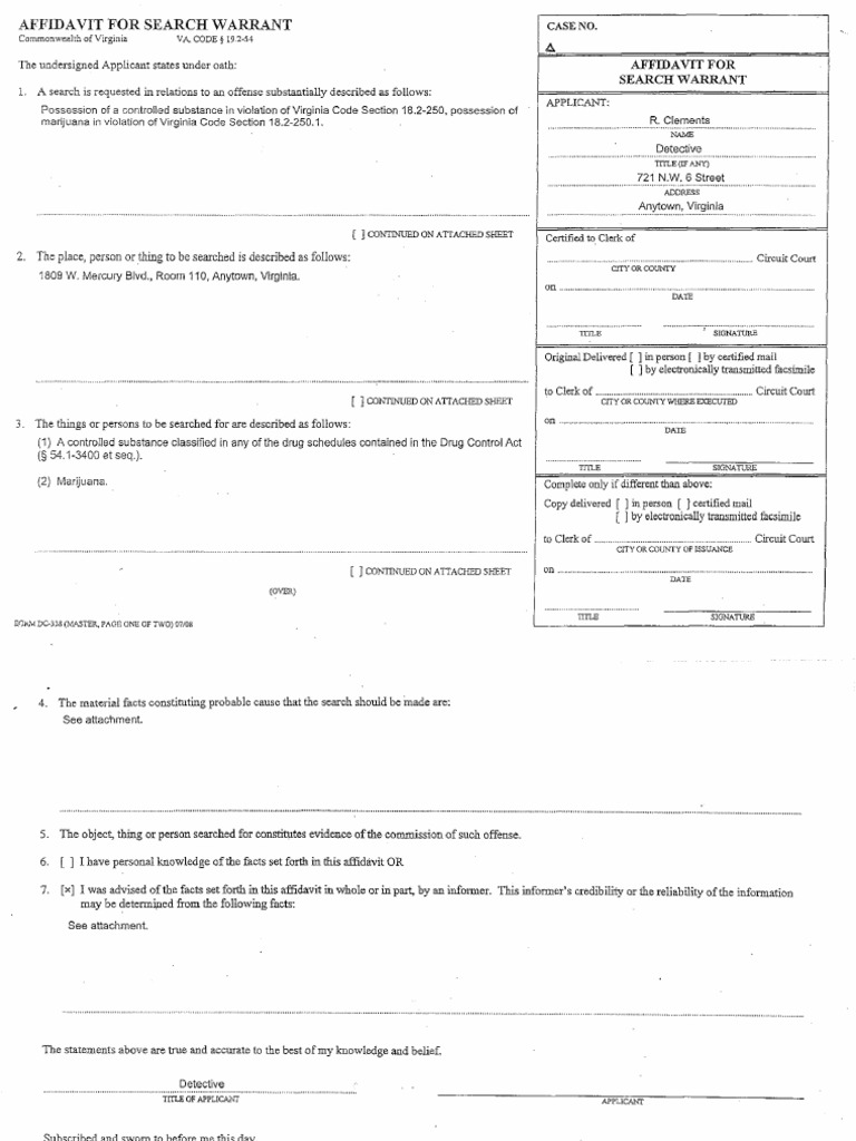 Virginia Search Warrant Affidavit | PDF | Affidavit | Traffic Stop