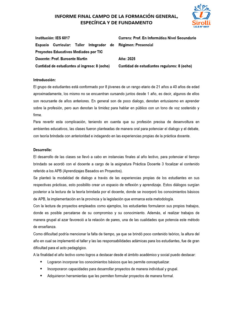 Informe sobre Taller de Proyectos Educativos | PDF | Maestros | Aprendizaje