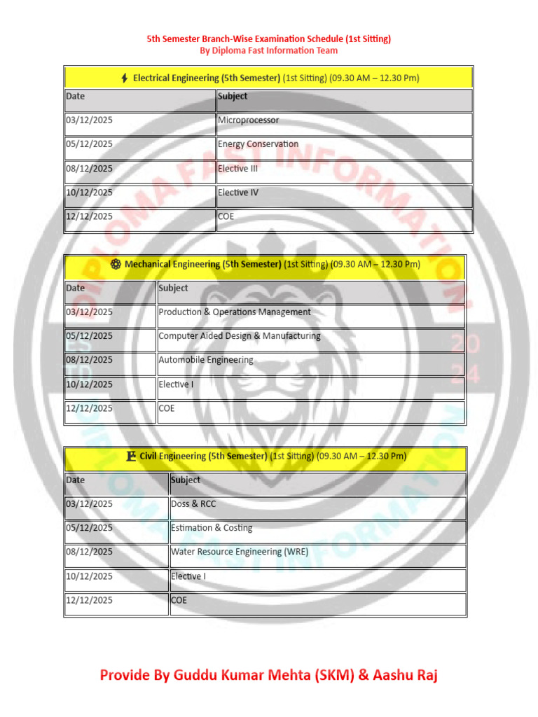5th Semester Exam Schedule by Branch | PDF