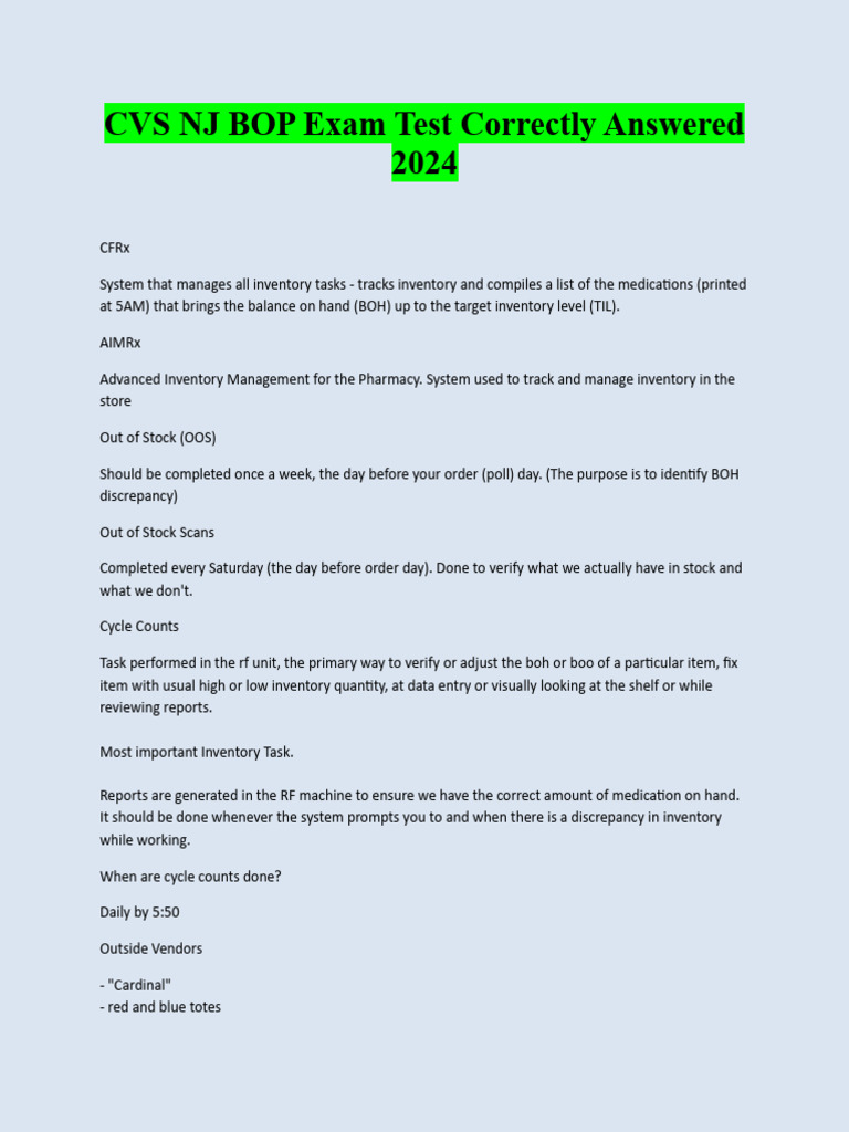 CVS NJ BOP Exam Inventory Management Guide | PDF | Pharmacy ...