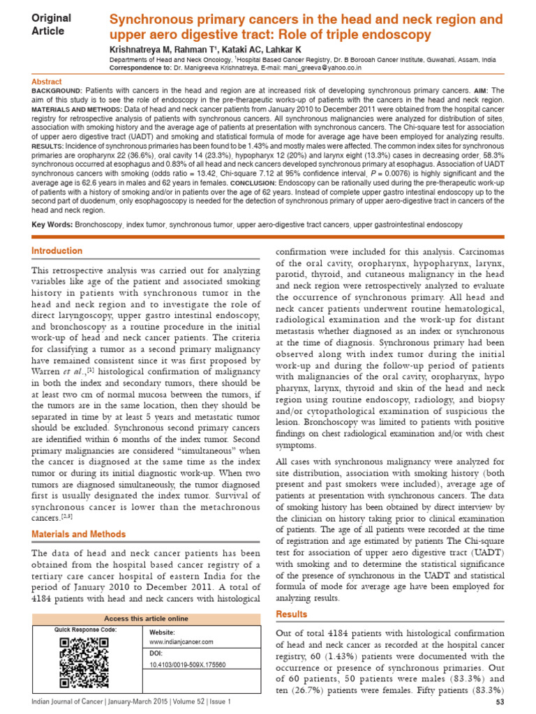 Synchronous Cancers in Head and Neck | PDF | Head And Neck Cancer | Cancer