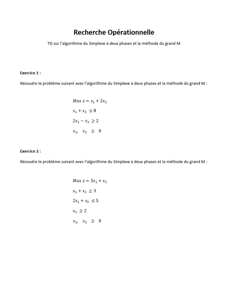 Algorithme du Simplexe : TD et Exercices | PDF