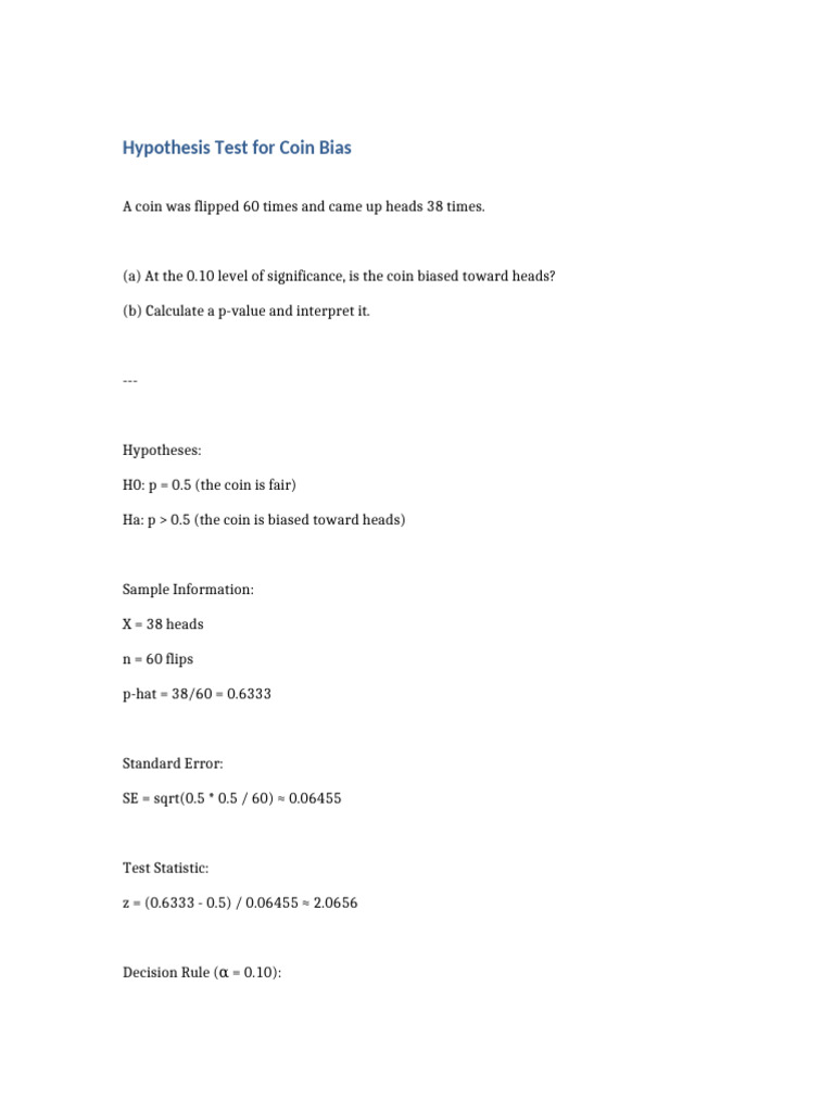 Coin Bias Hypothesis Test Results | PDF