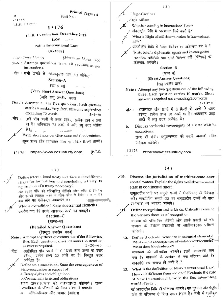 Llb 3 Sem Law Public International Law 13176 Dec 2023 | PDF