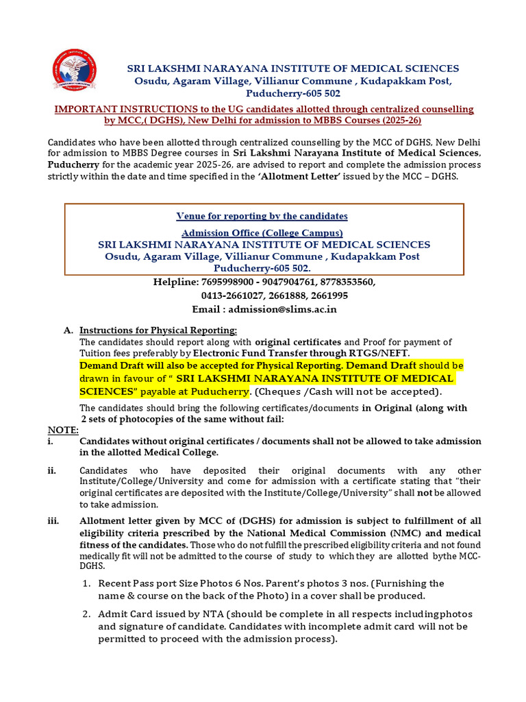 MBBS Admission Instructions 2025-26 | PDF