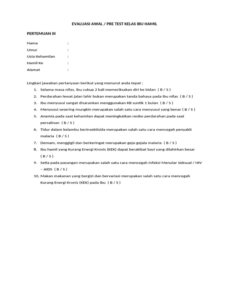 Soal Pre Dan Post Test Kls Bml III | PDF