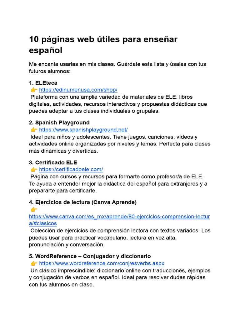 10 Páginas Web Útiles Para Enseñar Español | PDF | Lengua española | Léxico