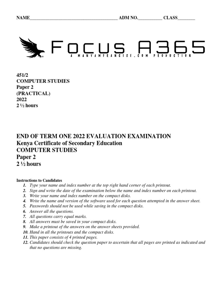 KCSE 2022 Computer Studies Practical Exam | PDF | Computing
