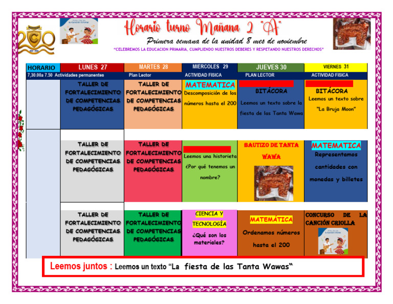 2A - 0 HORARIO - SEMANA 1 - UNIDAD 8 Del 27 AL 31 DE OCTUBRE 2025 | PDF