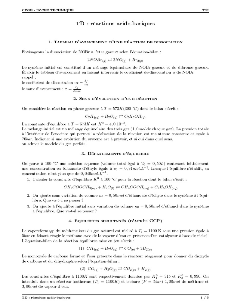 Réactions acido-basiques en chimie TSI | PDF | Chimie | Titrage