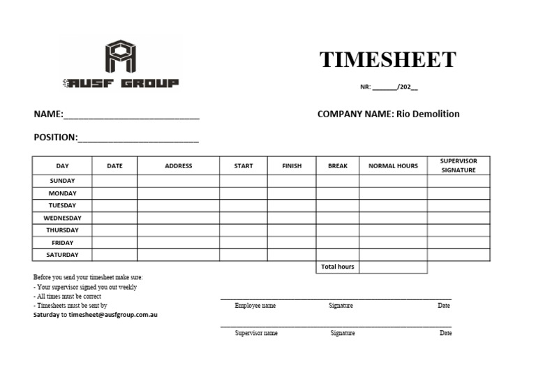 Weekly Timesheet Template for Employees | PDF