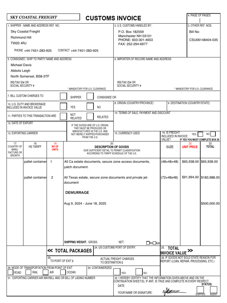 Customs Invoice for Shipping Transactions | PDF | Cargo | Supply Chain ...