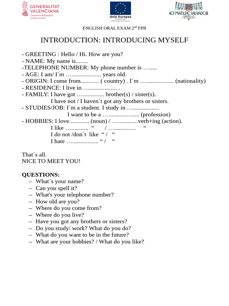 English Oral Exam Introduction Guide | PDF