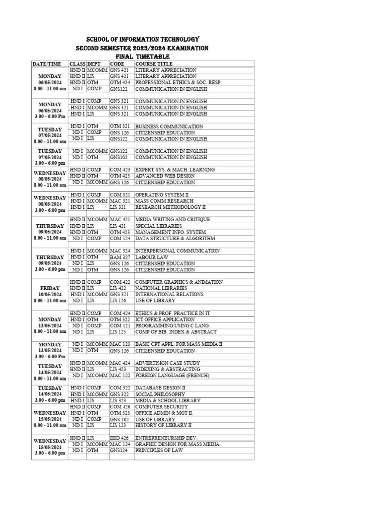 2023/2024 Exam Timetable for IT Courses | PDF | Computing | Computer ...