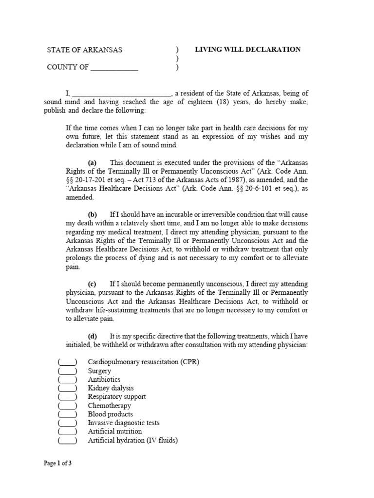 Arkansas Living Will Declaration Form | PDF | Terminal Illness ...