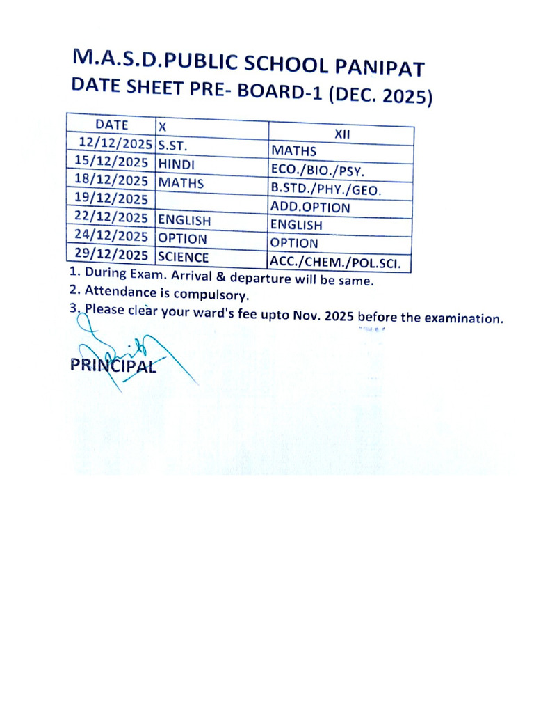 Date Sheet X and XII Pre Board Dec 2025 | PDF