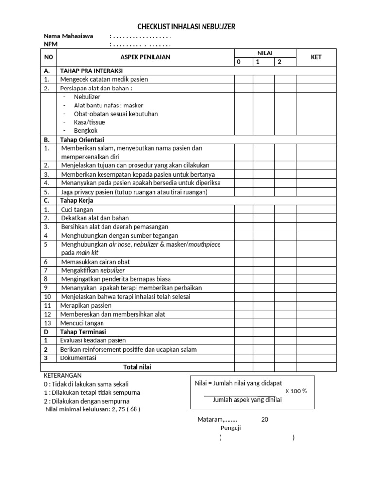 Checklist Inhalasi Nebulizer untuk Mahasiswa | PDF