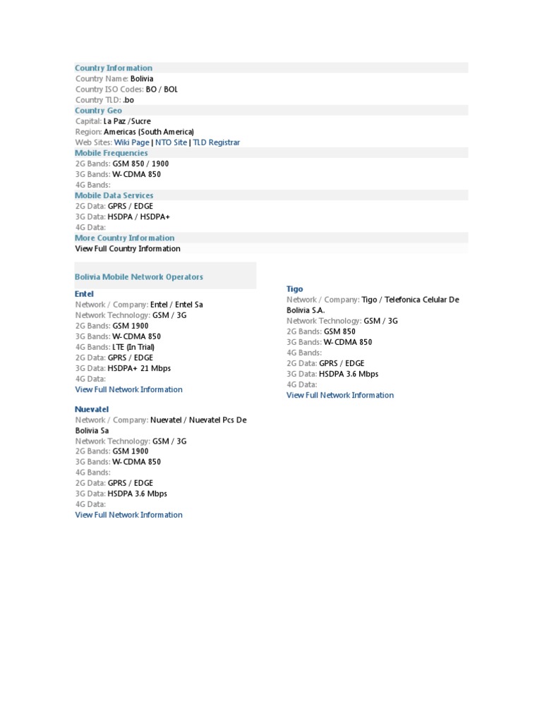 Bandas Hsdpa 3g En Bolivia