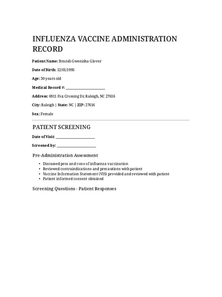 Influenza Vaccine Administration Record | PDF | Influenza Vaccine ...