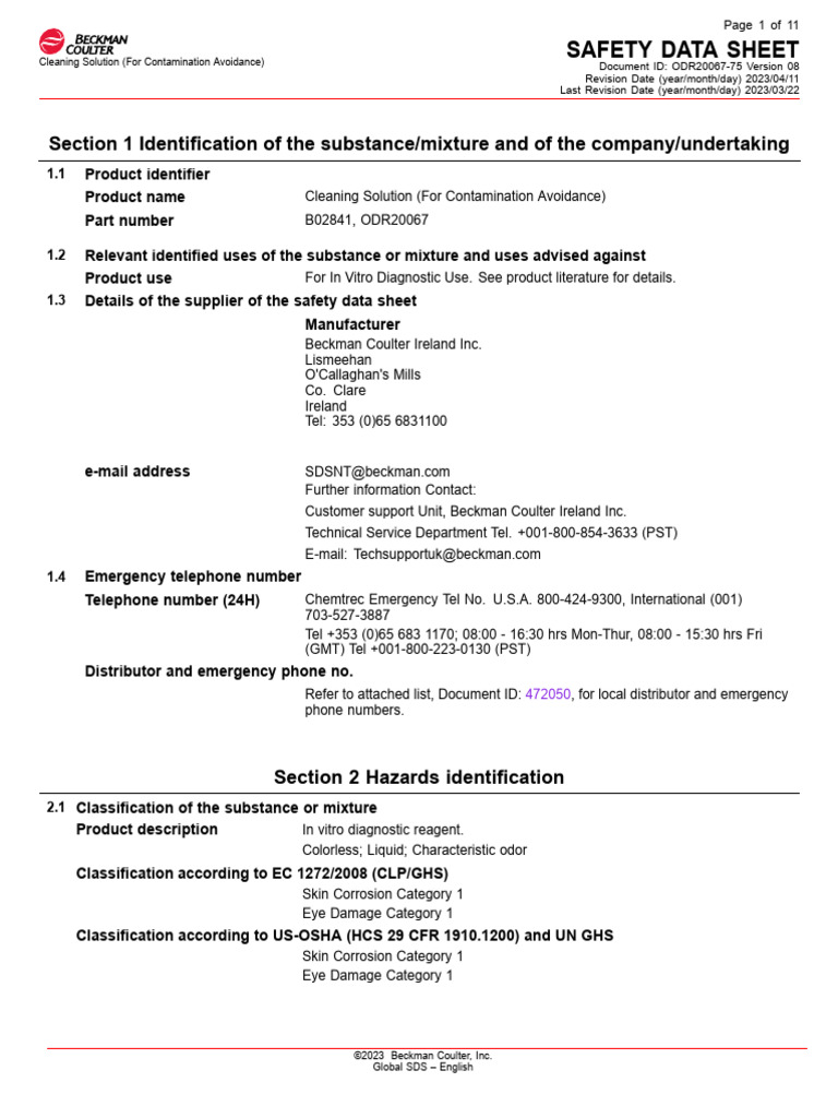 Safety Data Sheet for Cleaning Solution | PDF | Dangerous Goods ...