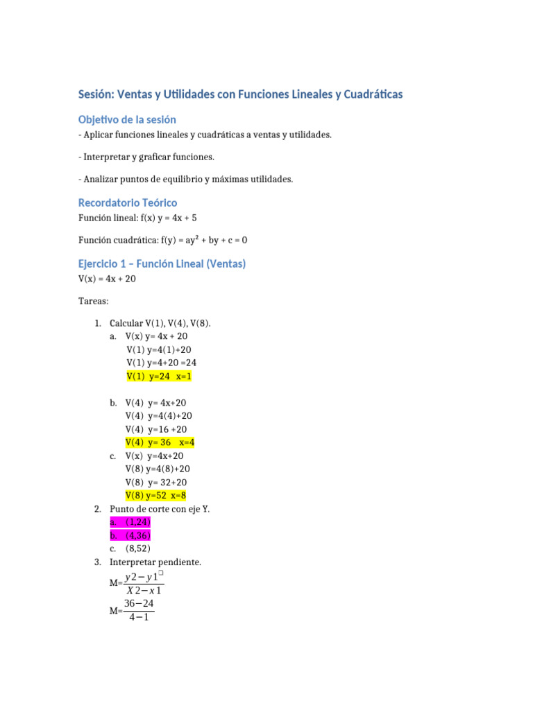 Sesion - Ventas - Funciones Lineal y Cuadratica Ejercicios | PDF ...