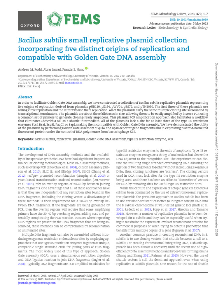 Bacillus subtilis Plasmid Collection for DNA Assembly | PDF | Molecular ...