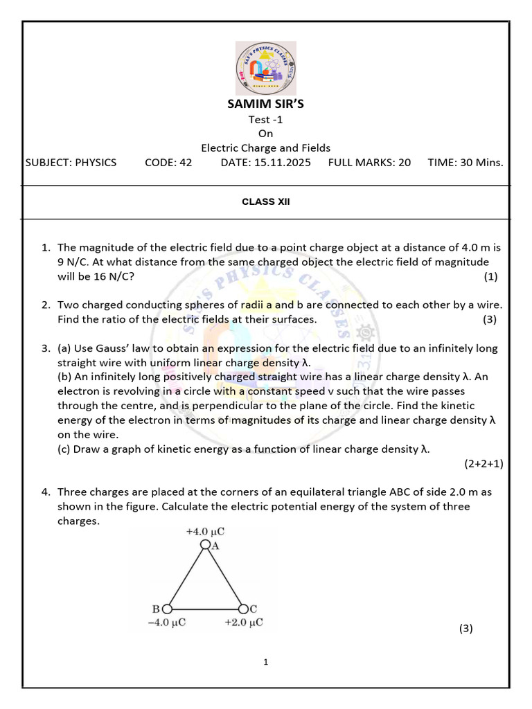 Electric Charge and Fields Test Paper | PDF | Electric Field | Physical ...
