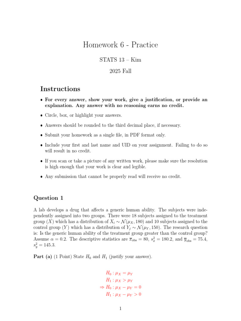 Stats Homework 6: Hypothesis Testing | PDF | Probability And Statistics ...