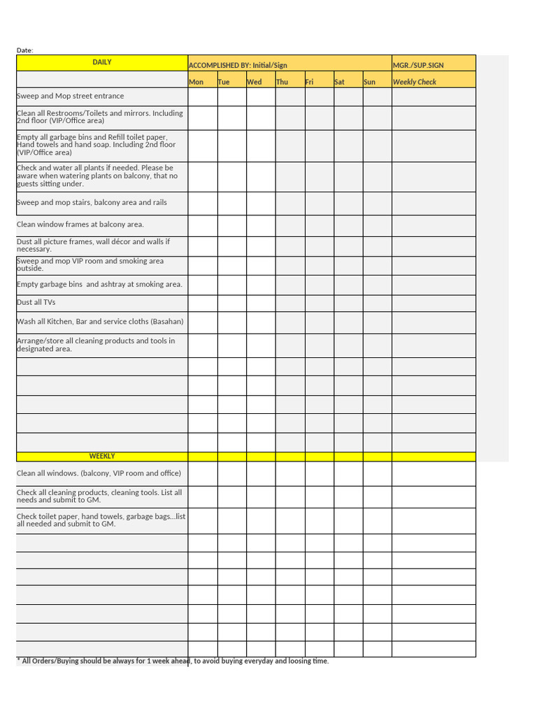 Weekly Cleaning Checklist Template | PDF