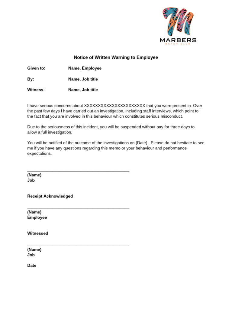 Example Written Warning With 3 Day Suspension | PDF