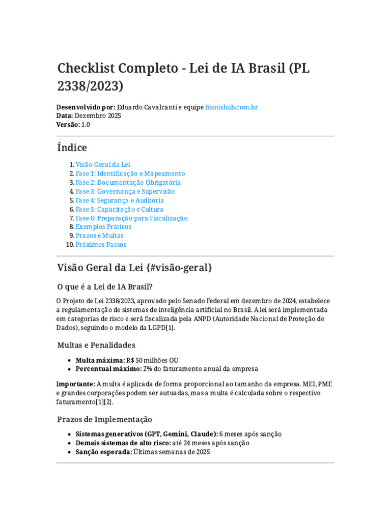 Checklist da Lei de IA Brasil 2023 | PDF | Crédito | Finanças e ...