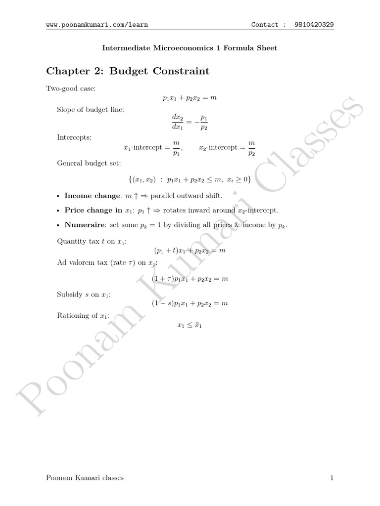 Intermediate Microeconomics Formula Sheet | PDF | Average Cost ...