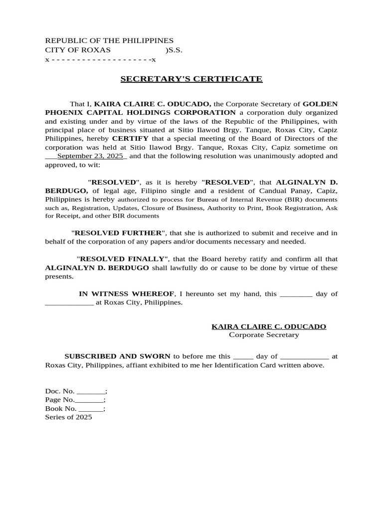 Secretary's Certificate for BIR Authorization | PDF