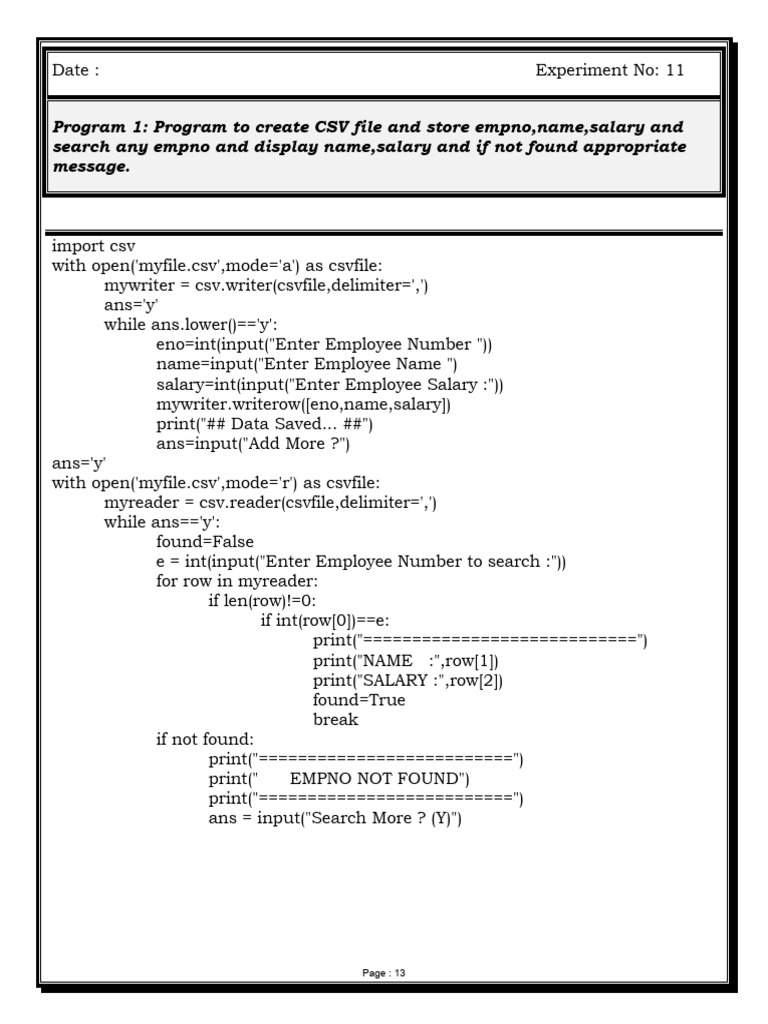 Program To Create CSV File and Store Empno | PDF