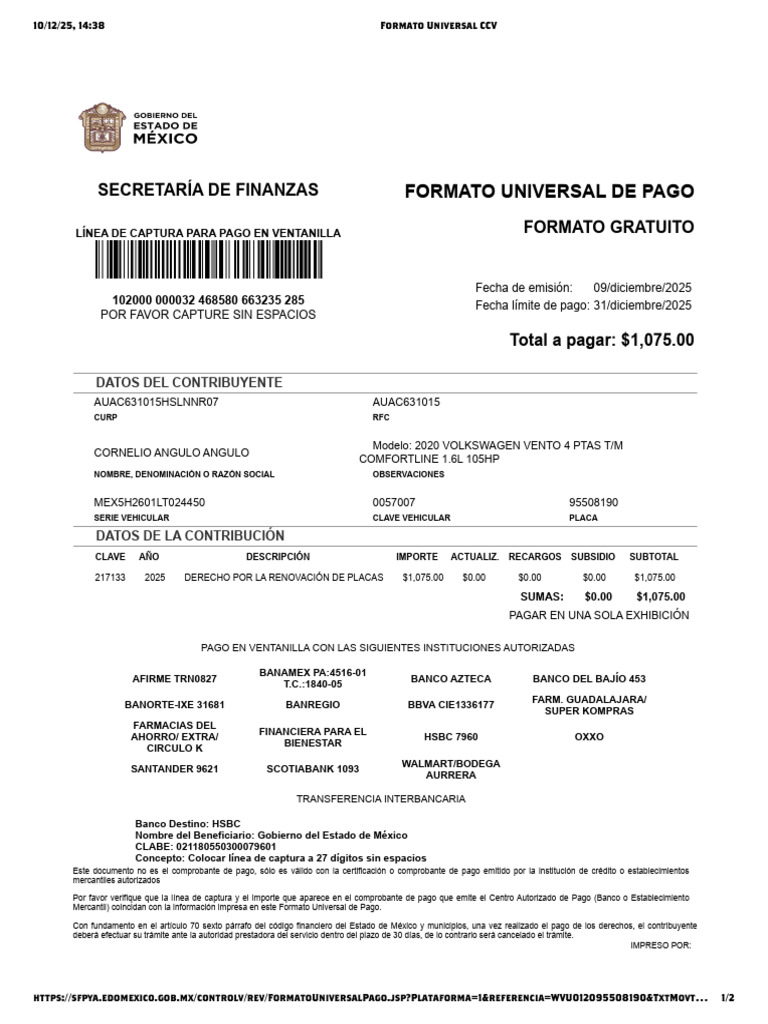Formato Universal de Pago 2025 | PDF | Finanzas personales | Servicios ...