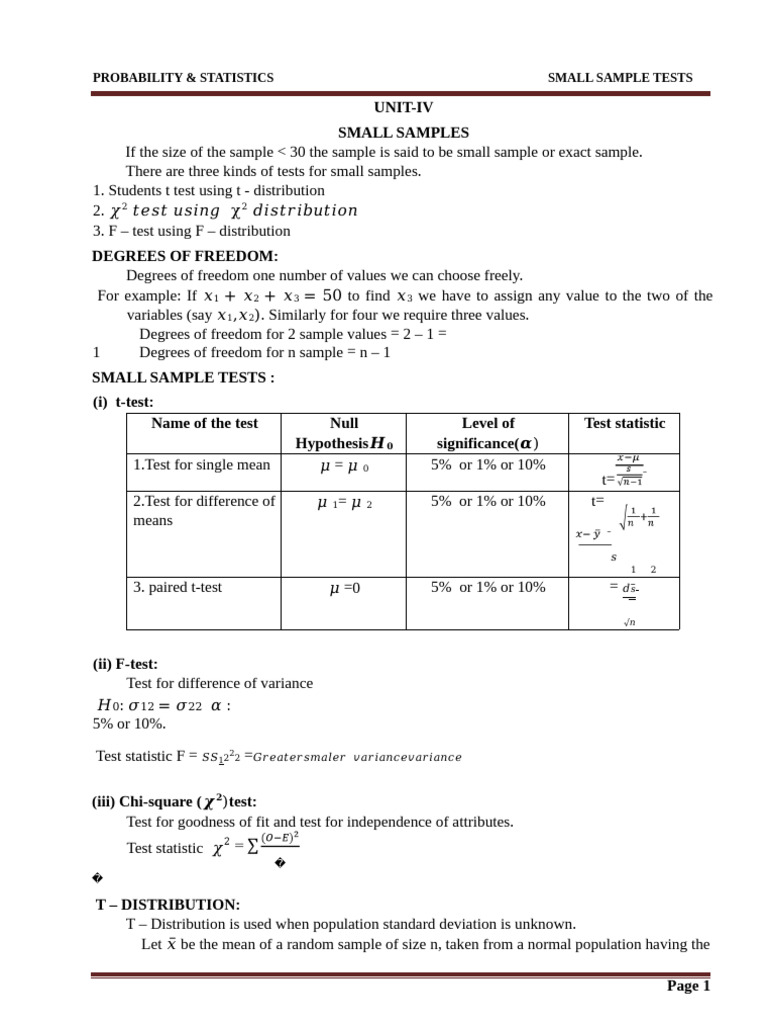 Unit IV Small Sample Tests | PDF | Standard Deviation | Probability ...