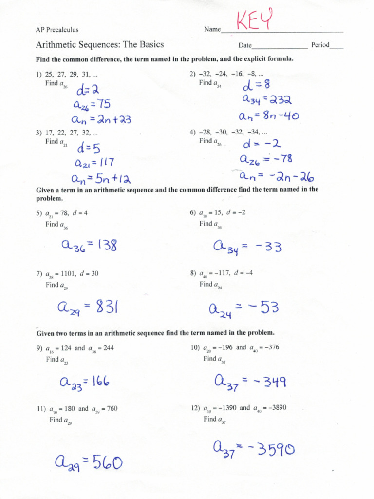 Arithmetic+Sequences+Basics+ +answers | PDF