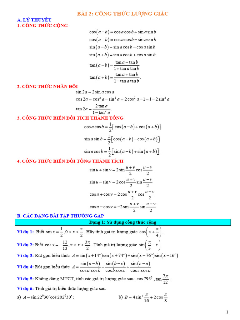 Bài 2 - Công TH C Lư NG Giác - HS | PDF