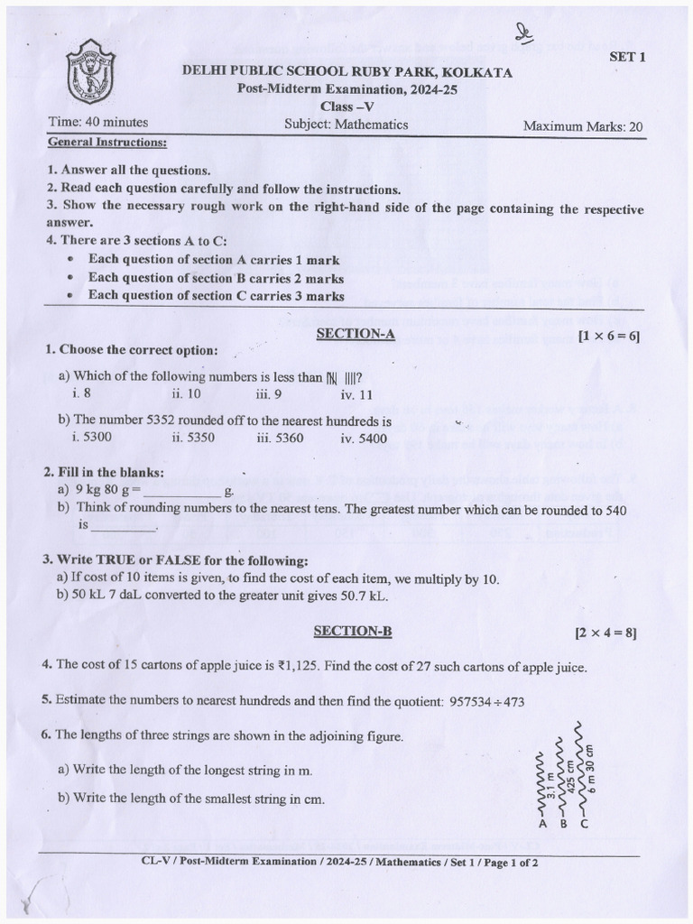 Cl 5 Post-Mid Term Maths 2024-25 | PDF