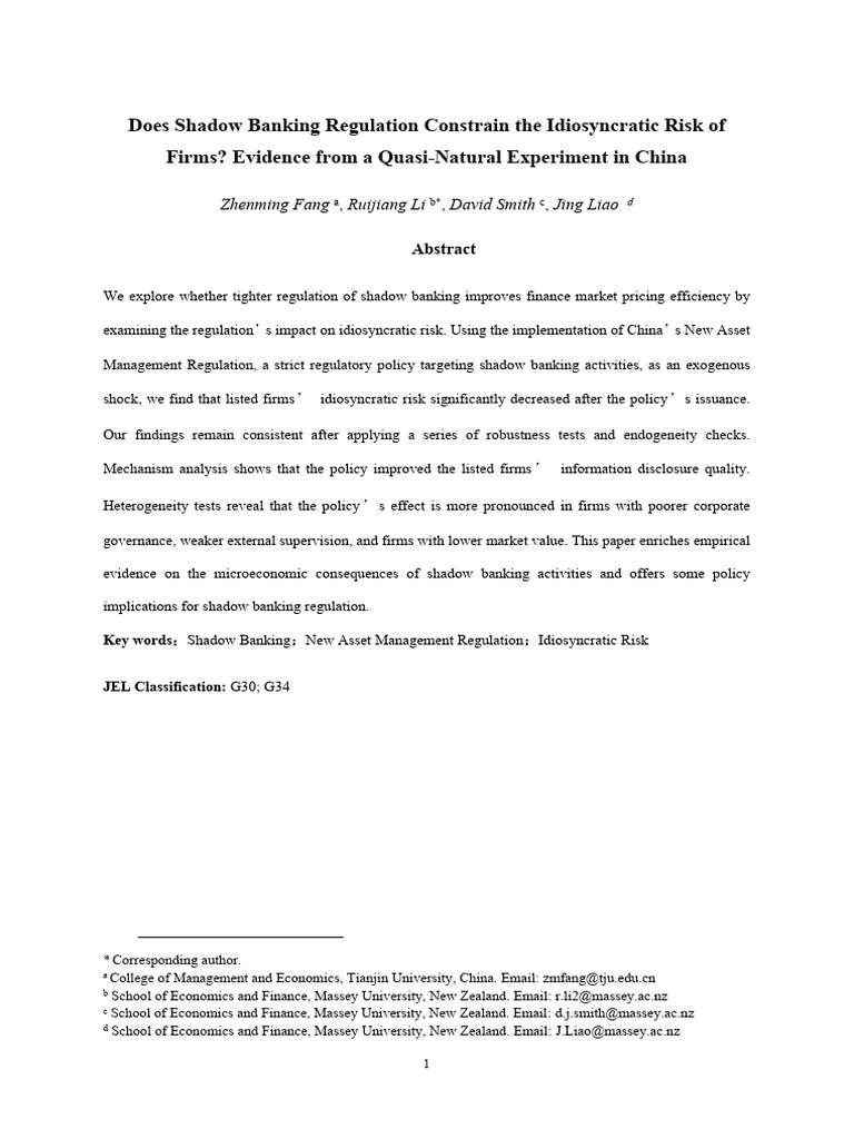 Impact of Shadow Banking Regulation on Risk | PDF | Shadow Banking ...