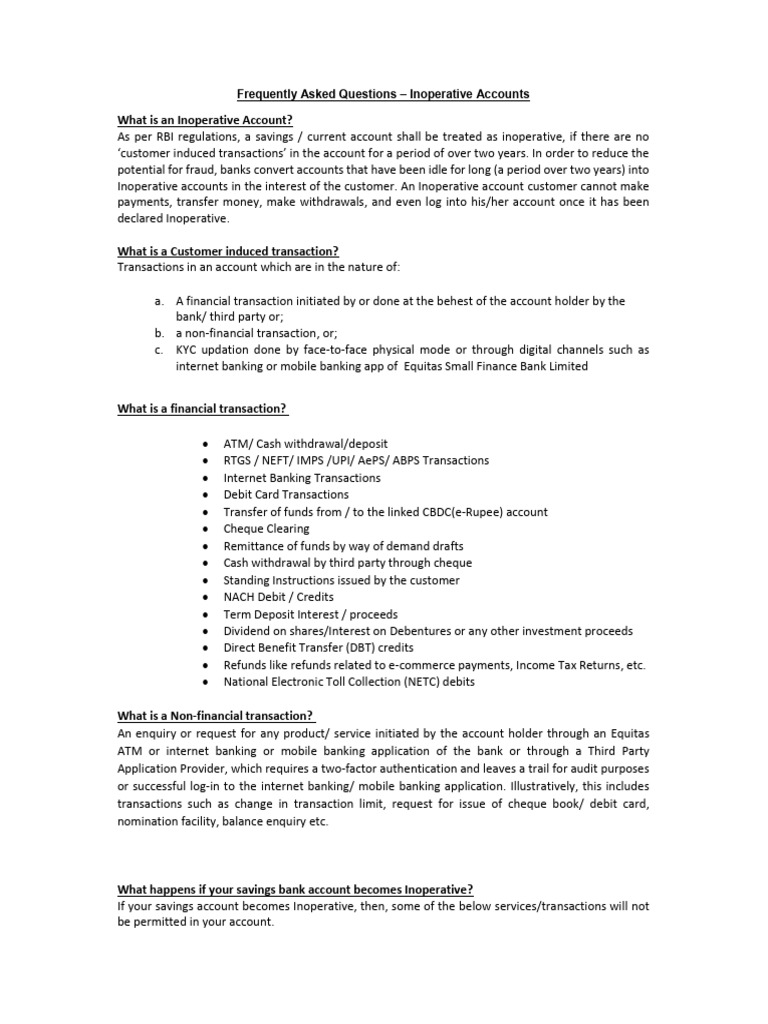 Inoperative Accounts FAQ Guide | PDF | Banks | Financial Services
