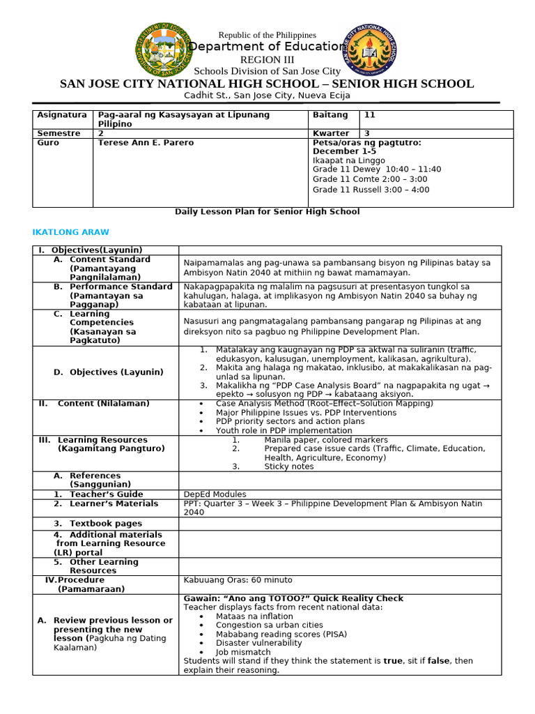 Grade 11 PDP Case Analysis Lesson Plan | PDF